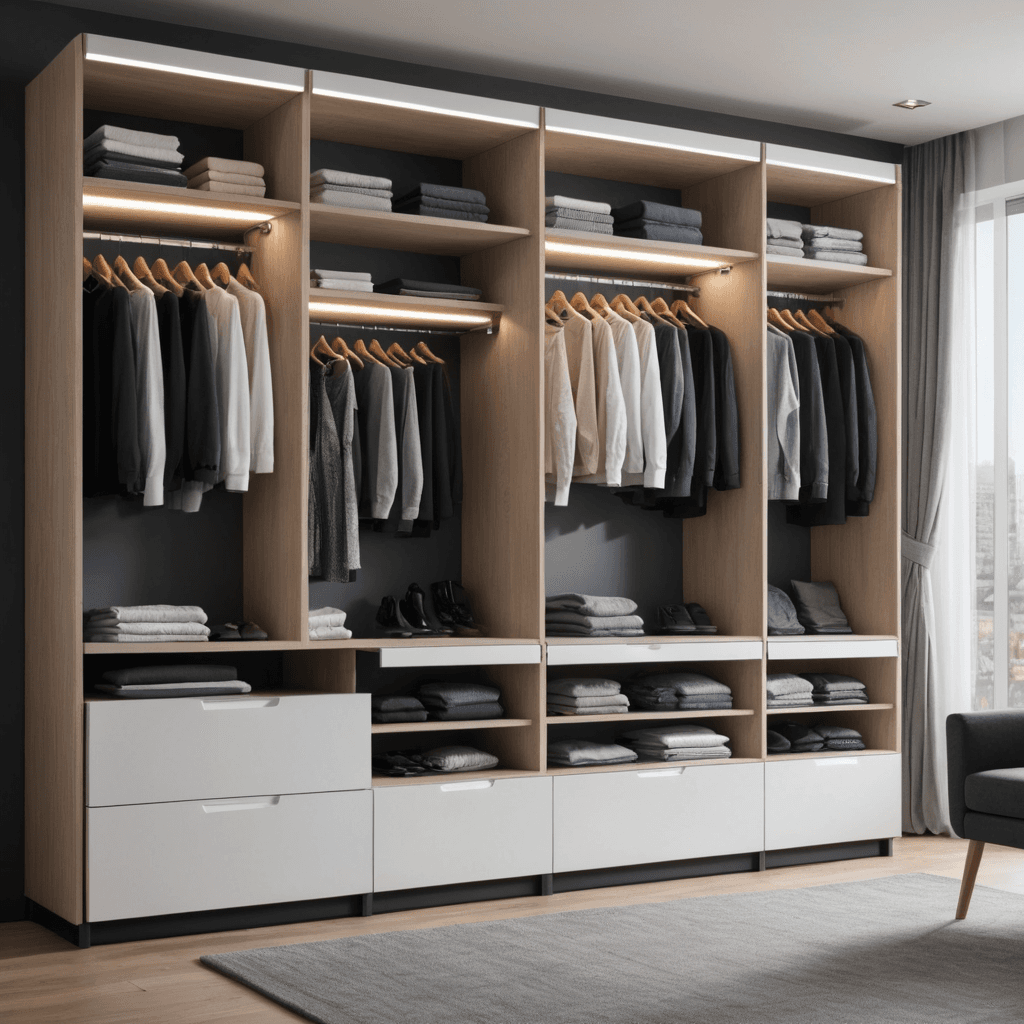 خزانة ملابس منزلية ذكية مستقبلية مع تقنيات تنظيم متقدمة