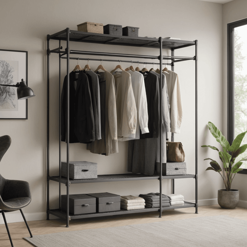 خزانة ملابس مفتوحة مع أرفف وقضبان