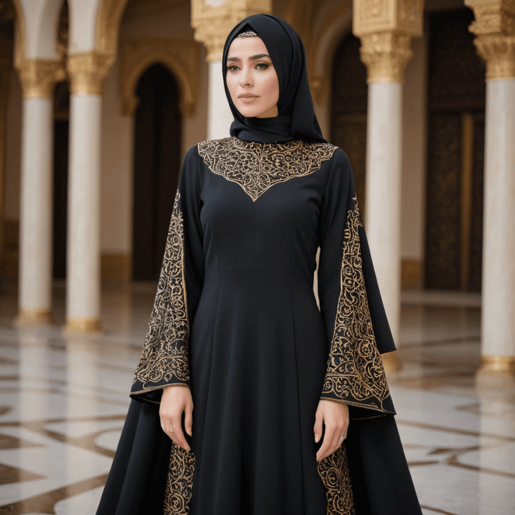 عباية أنيقة من الكريب باللون الأسود مزينة بأنماط هندسية ذهبية