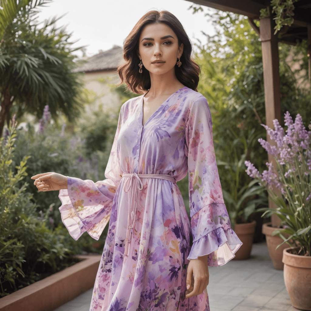 عباية مطبوعة بالألوان المائية باللونين الوردي والخزامي