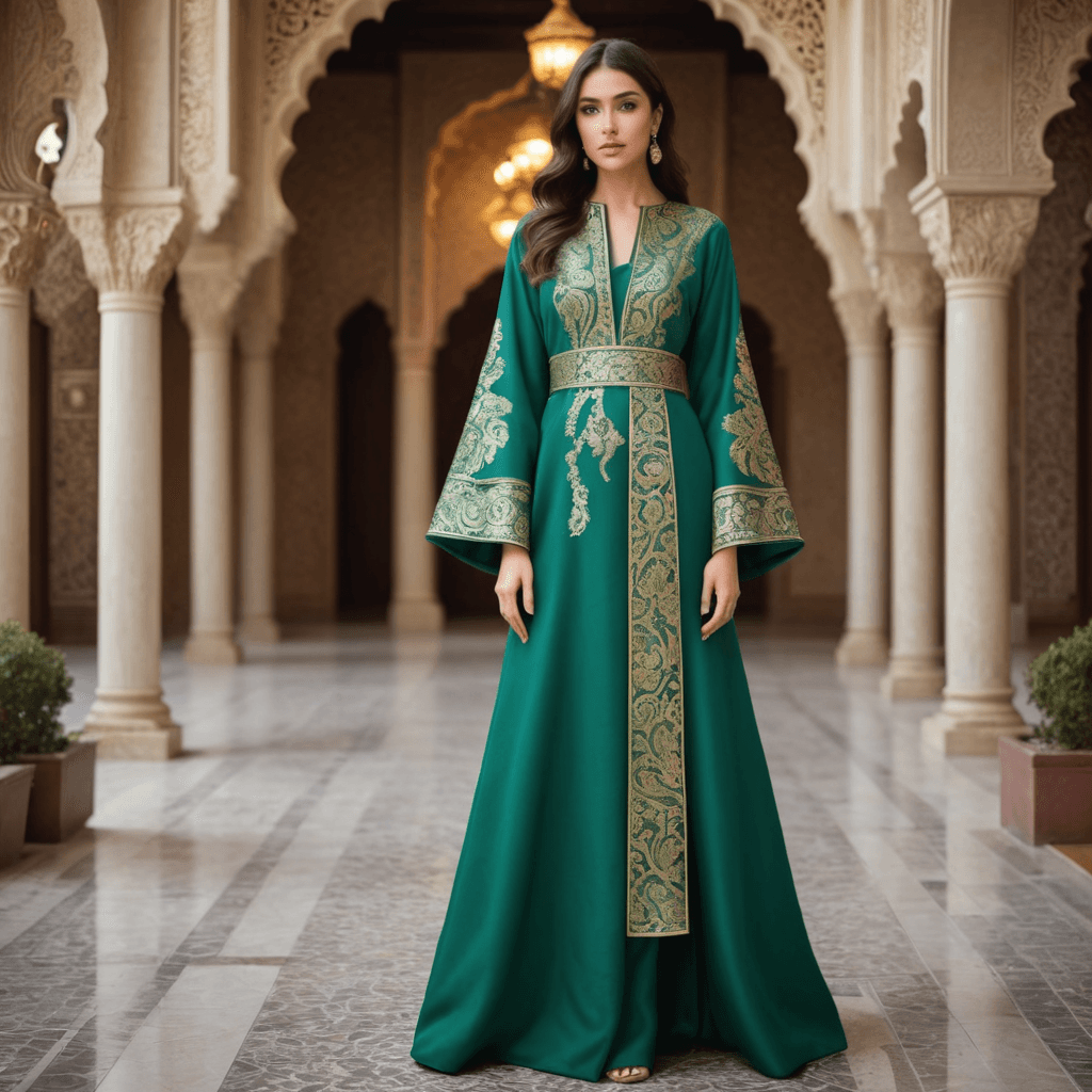 عباية جاكار باللون الأخضر الزمردي مع زخارف بيزلي بخيوط ذهبية معقدة