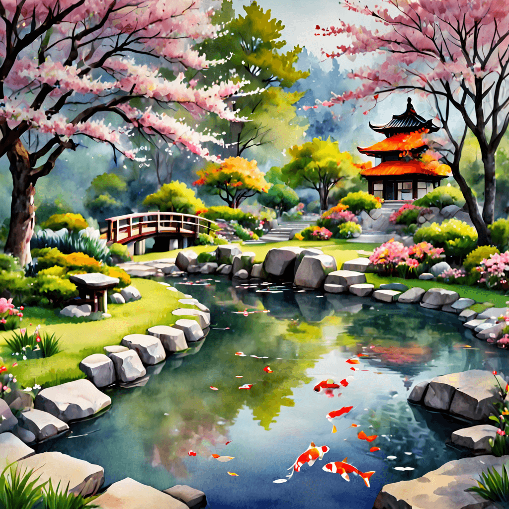 رسم توضيحي بالألوان المائية لحديقة زن اليابانية الهادئة، مع أزهار الكرز وبركة كوي.