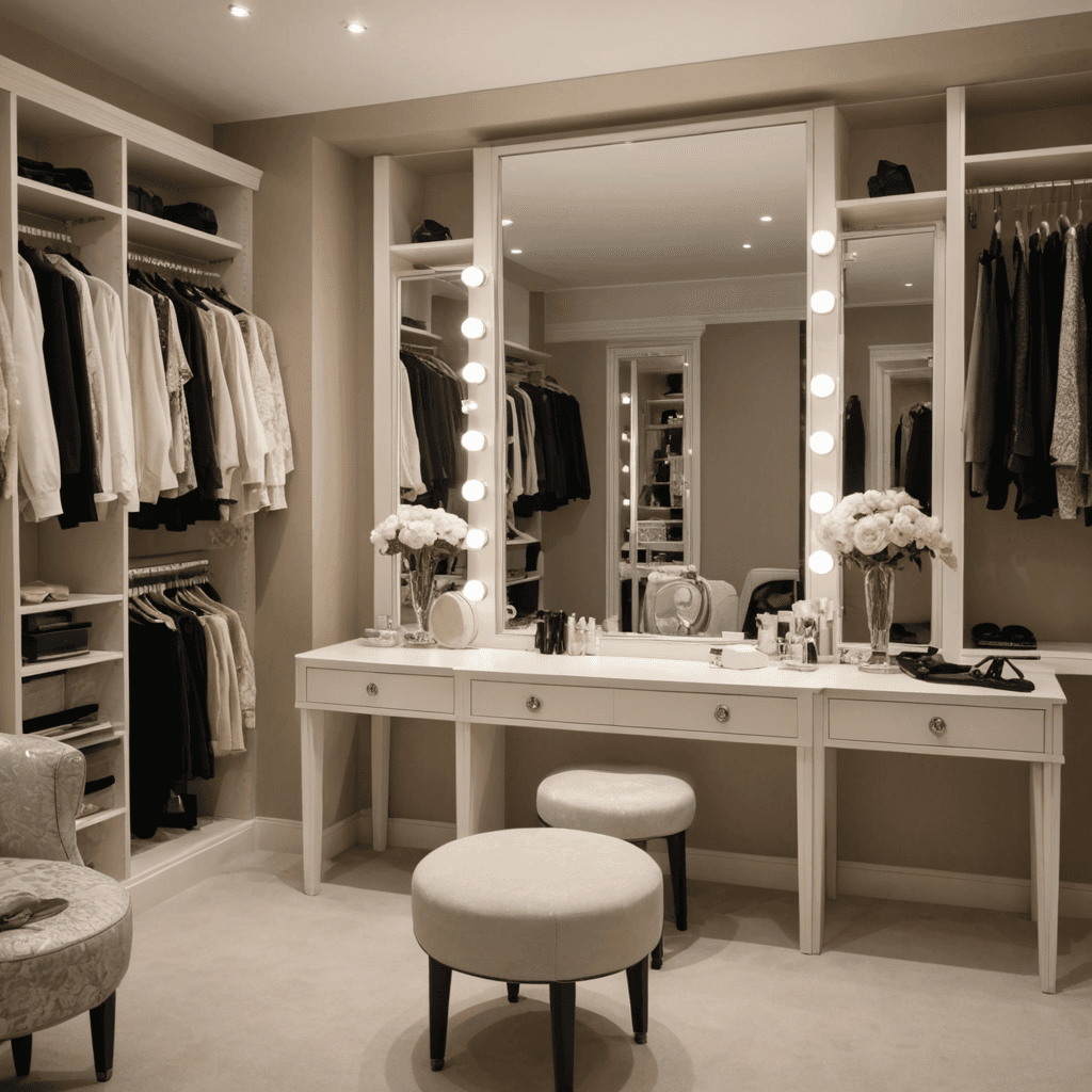 : غرفة ملابس مع كراسي وطاولة تزيين, ستايل بوتيك