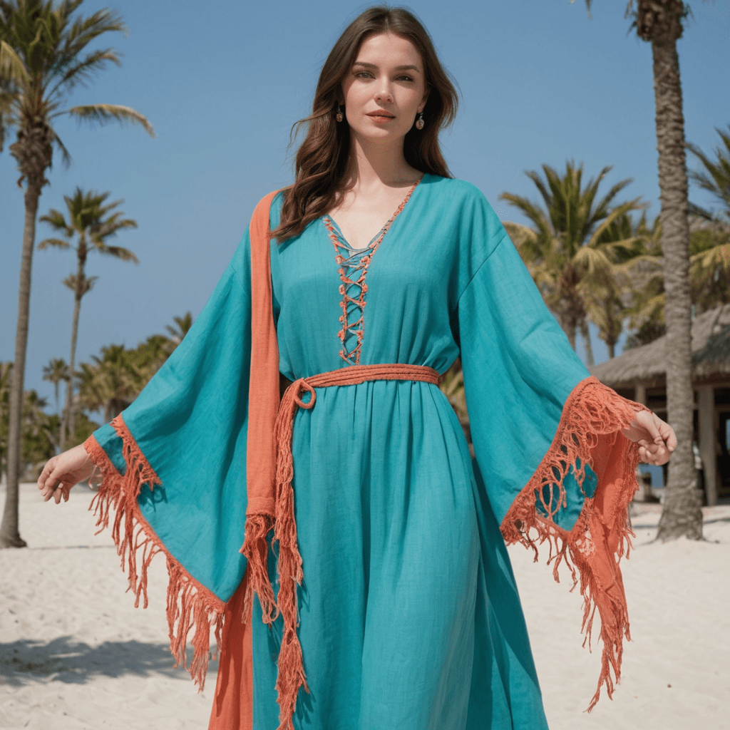 عباية من الكتان باللون الفيروزي والمرجاني مع تفاصيل مكرامية وأكمام واسعة