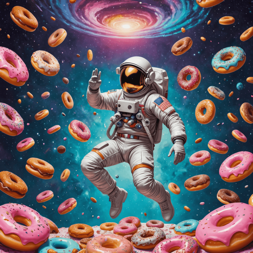 تركيبة سريالية تظهر رائد فضاء قديمًا يطفو في غرفة منعدمة الجاذبية مليئة بالكعك العائم، وتحيط به مجرات ملونة بالنيون
