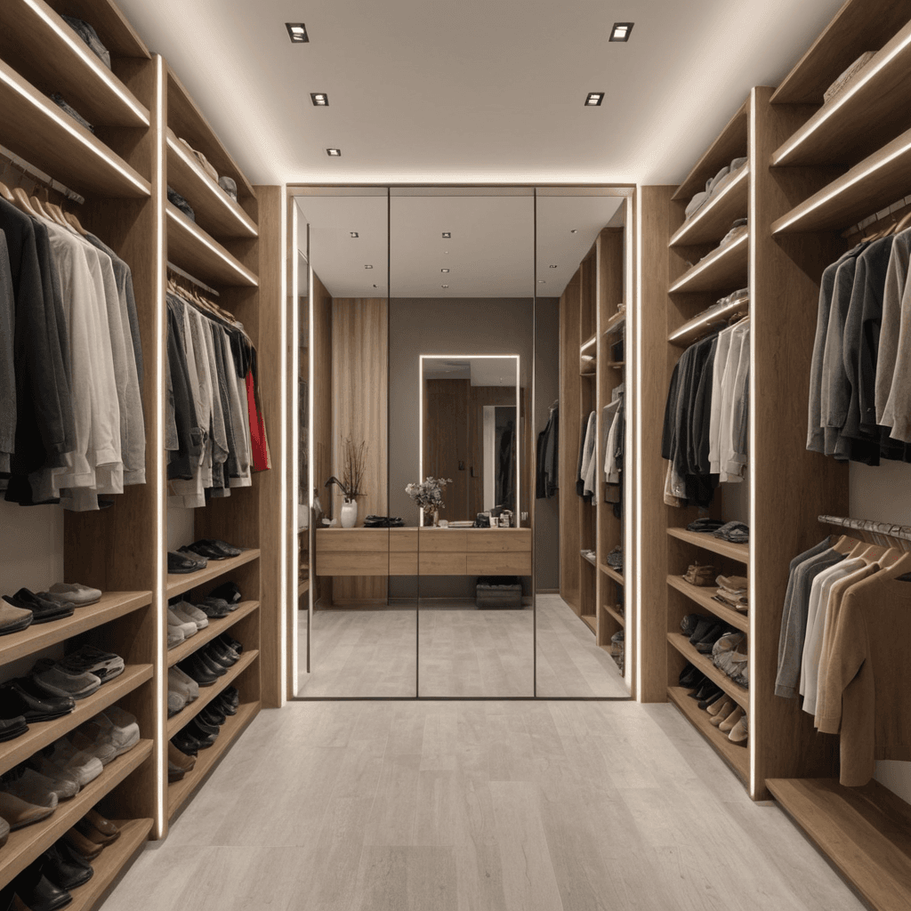 تصميم غرفة ملابس مفتوحة مع مرايا كاملة الارتفاع