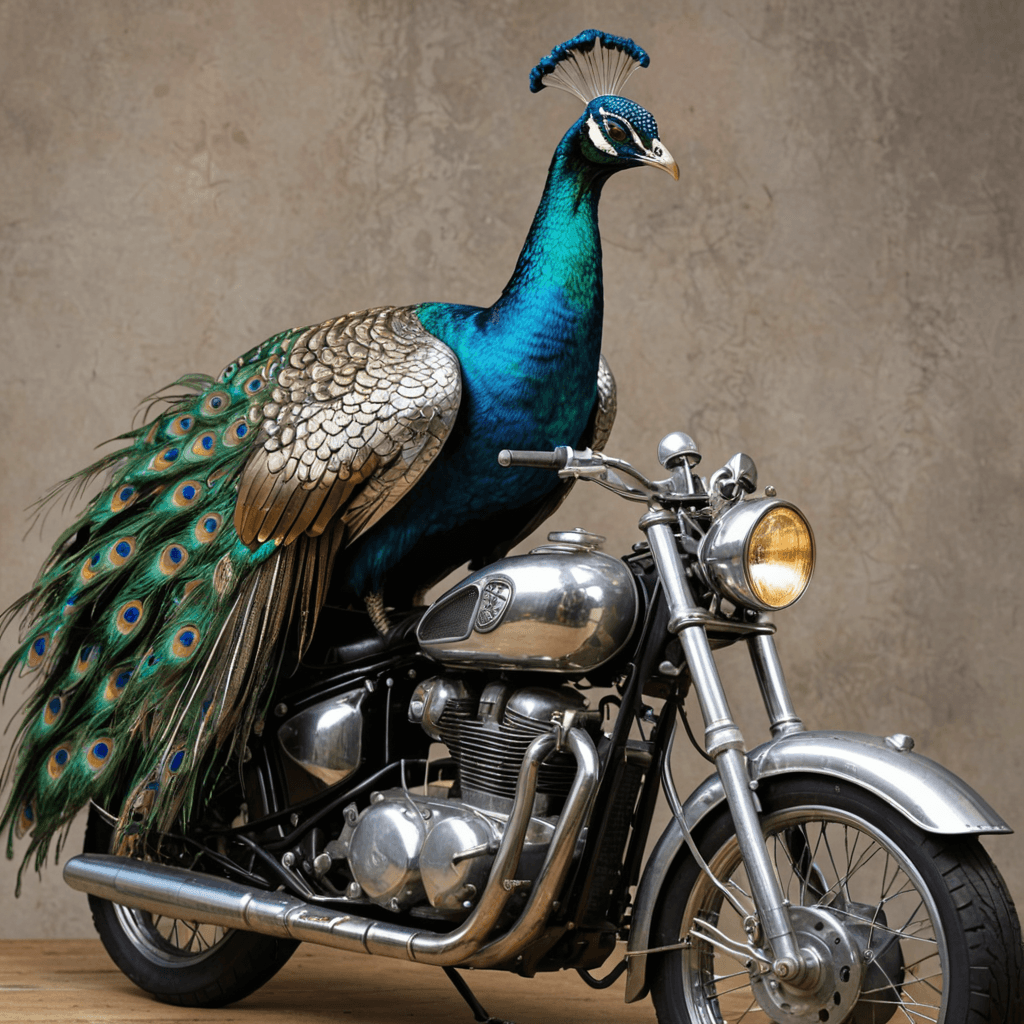لوحة ساحرة لطاووس يركب دراجة أحادية عبر حقل من اليراعات المتوهجة، ولحيته تتدلى خلفه مثل لافتة ملونة.