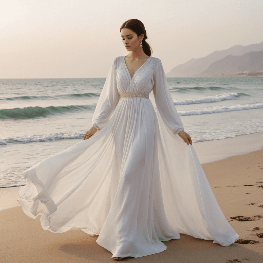 عباية شيفون بيضاء أثيرية مع خرزات لؤلؤية رقيقة وطبقة خارجية تشبه العباءة