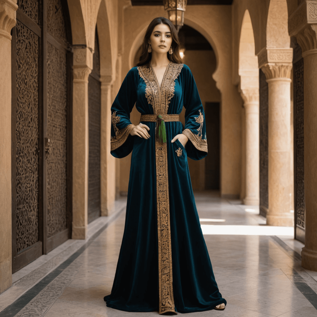 عباية خليجي ملونة مخملية غنية بألوان الجواهر مع زخارف أرابيسك