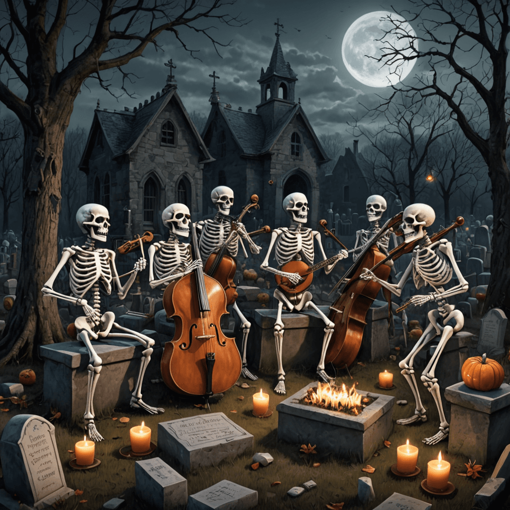 مشهد مروع غريب الأطوار لمجموعة من الموسيقيين الهيكليين يؤدون حفلًا موسيقيًا مفعمًا بالحيوية في مقبرة مسكونة، مع استخدام شواهد القبور كأدوات مؤقتة.