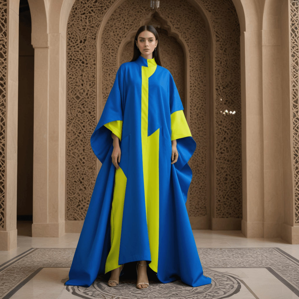 عباية سعودية ملونة باللونين الأزرق الكهربائي والأصفر النيون