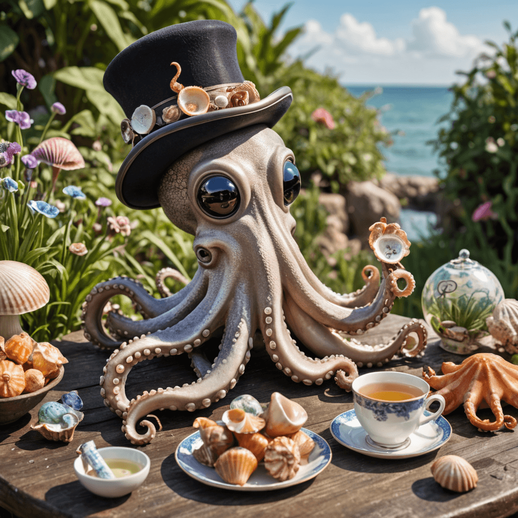 تركيبة مبهجة تتميز بأخطبوط مبهج يرتدي قبعة مستديرة ونظارة أحادية، ويستضيف حفلة شاي في الحديقة لمجموعة من السرطانات والأصداف البحرية الفضولية.