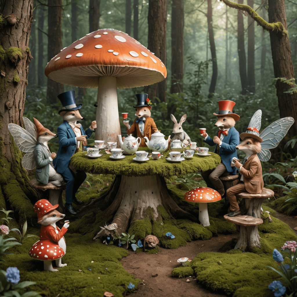 مشهد غريب لحفلة شاي فوق فطر عملاق في غابة خيالية، مع مخلوقات الغابة التي ترتدي ملابس أنيقة وترتشف من أكواب الخزف.