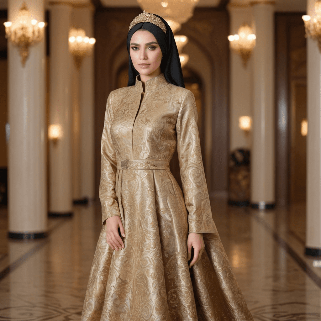 عباية جاكار أنيقة باللون الذهبي مع خيوط معدنية دقيقة وياقة عالية محتشمة