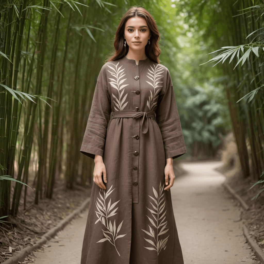 عباية من الكتان باللون البني الترابي مع أنماط أوراق مرسومة يدويًا وأزرار خشبية