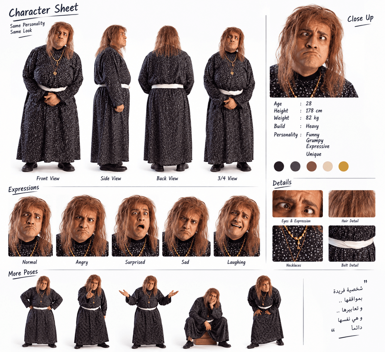 Character Sheet للشخصية الأولى: امرأة بشعر بني وجلابية داكنة منقوشة من عدة زوايا