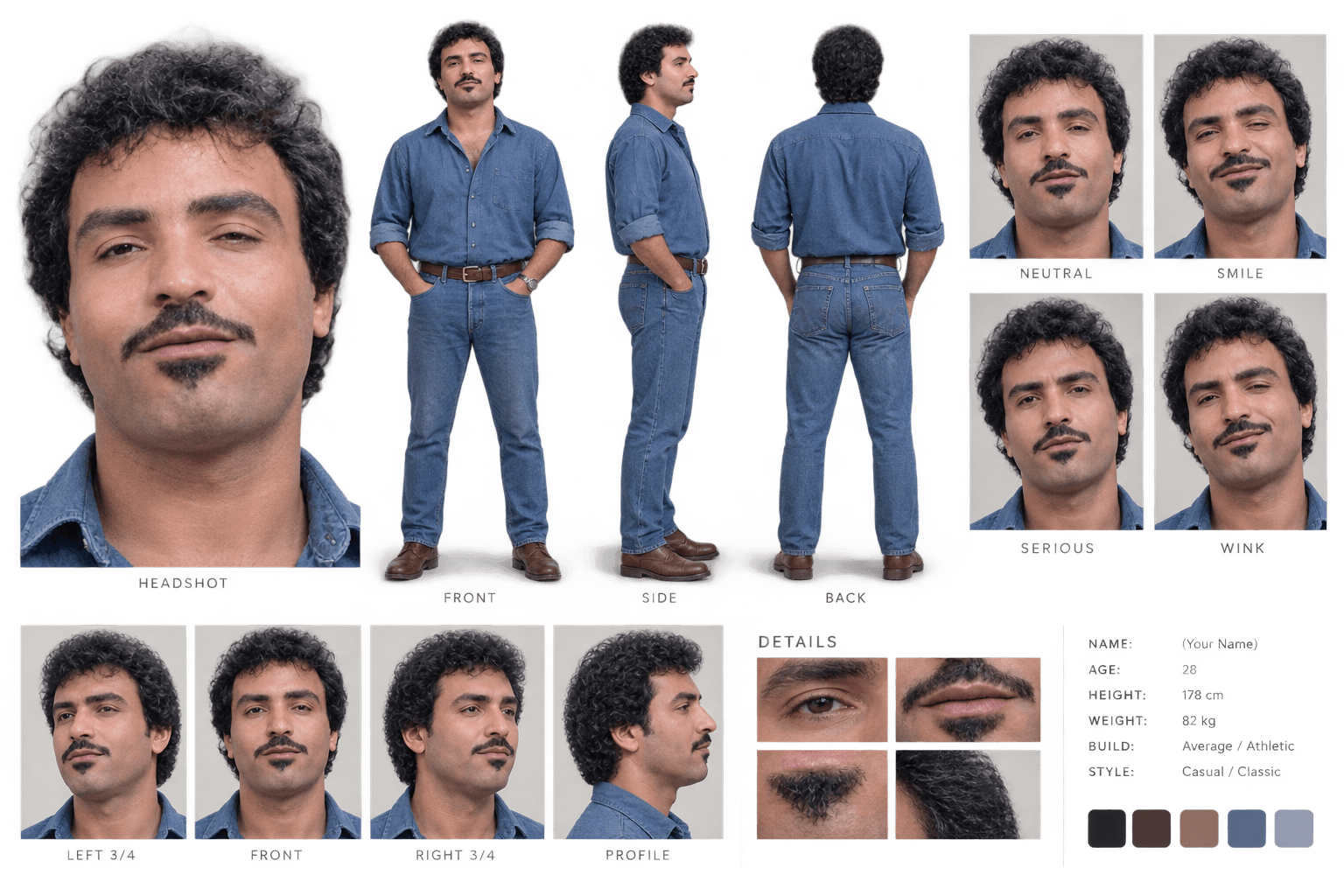 Character Sheet للشخصية الثانية: شاب بشعر أسود مجعد وقميص جينز من عدة زوايا
