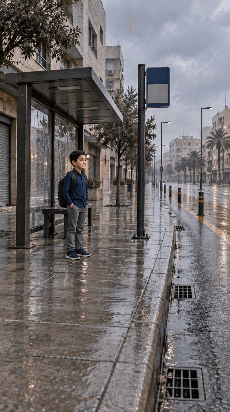 الطفل الذي يساعد الفتاة في النهاية، واقفاً في شارع ممطر بالمدينة